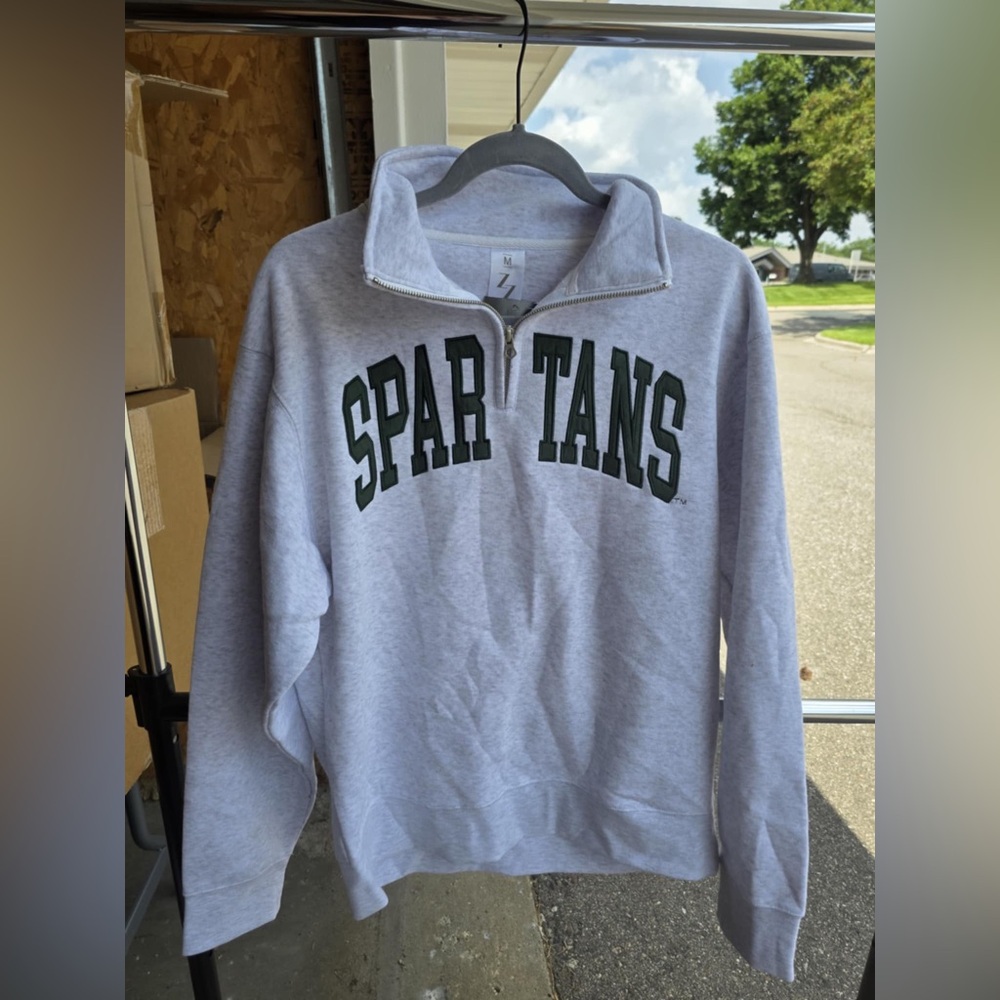 Gray Zip-Up Sweater with Green Lettering